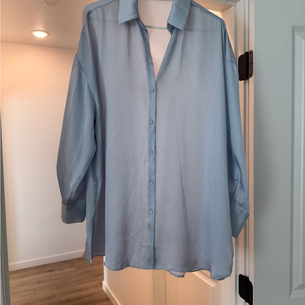 Light Blue Silk Button-Up Blouse